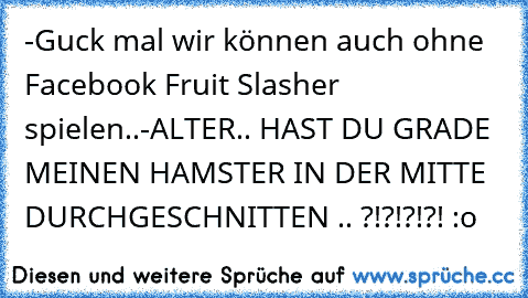 -Guck mal wir können auch ohne Facebook Fruit Slasher spielen..
-ALTER.. HAST DU GRADE MEINEN HAMSTER IN DER MITTE DURCHGESCHNITTEN .. ?!?!?!?! :o