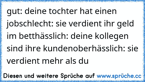 gut: deine tochter hat einen job
schlecht: sie verdient ihr geld im bett
hässlich: deine kollegen sind ihre kunden
oberhässlich: sie verdient mehr als du