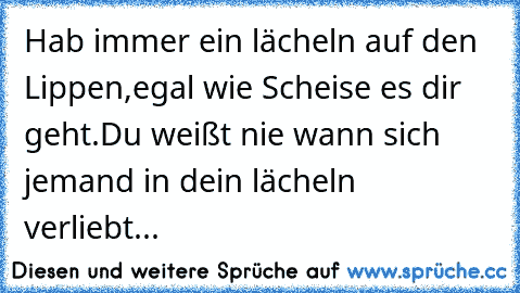 Hab immer ein lächeln auf den Lippen,egal wie Scheise es dir geht.Du weißt nie wann sich jemand in dein lächeln verliebt...