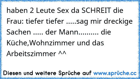 haben 2 Leute Sex da SCHREIT die Frau: tiefer tiefer .....sag mir dreckige Sachen ..... der Mann.......... die Küche,Wohnzimmer und das Arbeitszimmer ^^