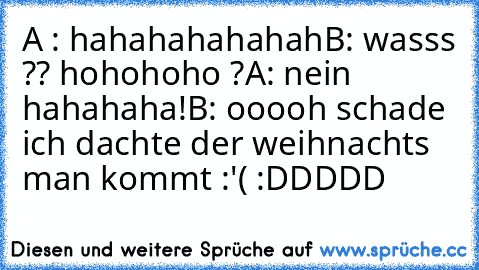 A : hahahahahahah
B: wasss ?? hohohoho ?
A: nein hahahaha!
B: ooooh schade ich dachte der weihnachts man kommt :'( 
:DDDDD