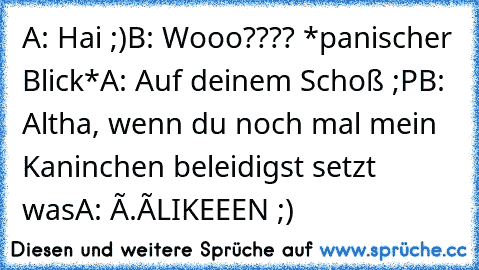 A: Hai ;)
B: Wooo???? *panischer Blick*
A: Auf deinem Schoß ;P
B: Altha, wenn du noch mal mein Kaninchen beleidigst setzt was
A: Ô.ô
LIKEEEN ;)