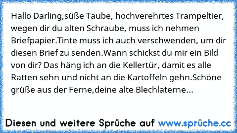 Hallo Darling,
süße Taube, hochverehrtes Trampeltier, wegen dir du alten Schraube, muss ich nehmen Briefpapier.
Tinte muss ich auch verschwenden, um dir diesen Brief zu senden.
Wann schickst du mir ein Bild von dir? Das häng ich an die Kellertür, damit es alle Ratten sehn und nicht an die Kartoffeln gehn.
Schöne grüße aus der Ferne,
deine alte Blechlaterne...