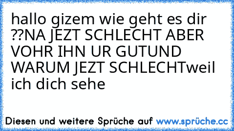 hallo gizem wie geht es dir ??
NA JEZT SCHLECHT ABER VOHR IHN UR GUT
UND WARUM JEZT SCHLECHT
weil ich dich sehe