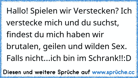 Hallo! Spielen wir Verstecken? Ich verstecke mich und du suchst, findest du mich haben wir brutalen, geilen und wilden Sex. Falls nicht...ich bin im Schrank!!:D