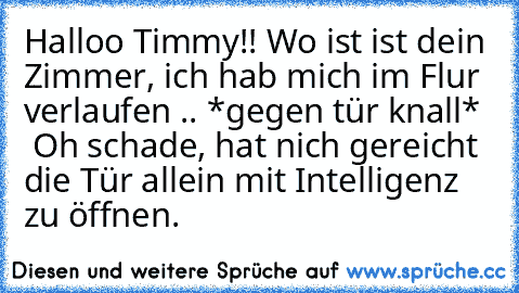 Halloo Timmy!! Wo ist ist dein Zimmer, ich hab mich im Flur verlaufen .. 
*gegen tür knall*   Oh schade, hat nich gereicht die Tür allein mit Intelligenz zu öffnen.