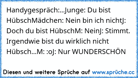 Handygespräch:
.
.
.
Junge: Du bist Hübsch
Mädchen: Nein bin ich nicht
J: Doch du bist Hübsch
M: Nein
J: Stimmt. Irgendwie bist du wirklich nicht Hübsch...
M: :o
J: Nur WUNDERSCHÖN ♥