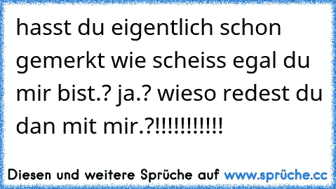 hasst du eigentlich schon gemerkt wie scheiss egal du mir bist.? ja.? wieso redest du dan mit mir.?!!!!!!!!!!!