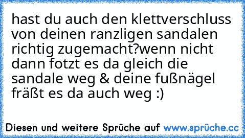 hast du auch den klettverschluss von deinen ranzligen sandalen richtig zugemacht?
wenn nicht dann fotzt es da gleich die sandale weg & deine fußnägel fräßt es da auch weg :)