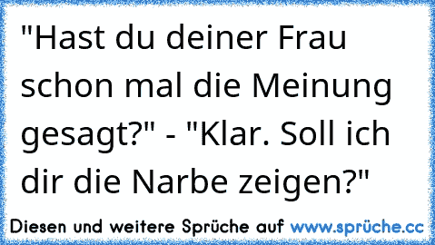 "Hast du deiner Frau schon mal die Meinung gesagt?" - "Klar. Soll ich dir die Narbe zeigen?"