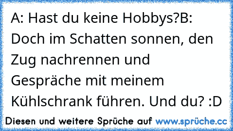 A: Hast du keine Hobbys?
B: Doch im Schatten sonnen, den Zug nachrennen und Gespräche mit meinem Kühlschrank führen. Und du? :D