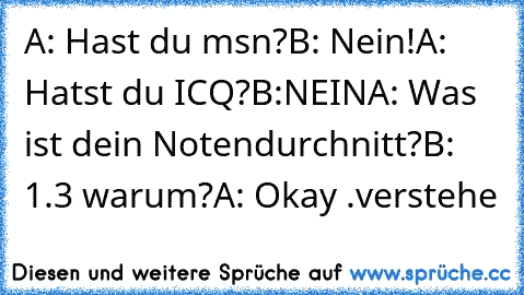 A: Hast du msn?
B: Nein!
A: Hatst du ICQ?
B:NEIN
A: Was ist dein Notendurchnitt?
B: 1.3 warum?
A: Okay .verstehe