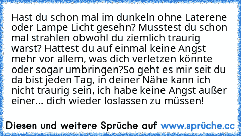 Hast du schon mal im dunkeln ohne Laterene oder Lampe Licht gesehn? Musstest du schon mal strahlen obwohl du ziemlich traurig warst? Hattest du auf einmal keine Angst mehr vor allem, was dich verletzen könnte oder sogar umbringen?
So geht es mir seit du da bist jeden Tag, in deiner Nähe kann ich nicht traurig sein, ich habe keine Angst außer einer... dich wieder loslassen zu müssen!