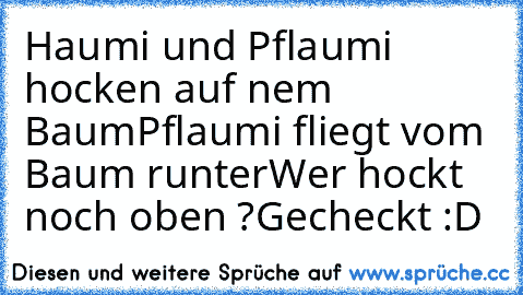 Haumi und Pflaumi hocken auf nem Baum
Pflaumi fliegt vom Baum runter
Wer hockt noch oben ?
Gecheckt :D