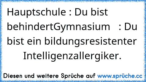 Hauptschule : Du bist behindert
Gymnasium   : Du bist ein bildungsresistenter        Intelligenzallergiker.