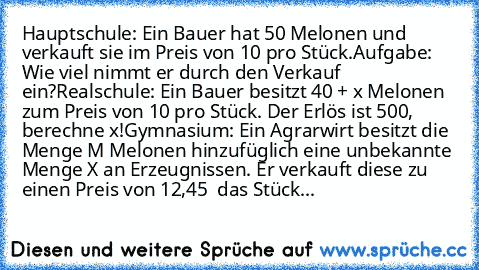 Hauptschule: Ein Bauer hat 50 Melonen und verkauft sie im Preis von 10€ pro Stück.
Aufgabe: Wie viel nimmt er durch den Verkauf ein?
Realschule: Ein Bauer besitzt 40 + x Melonen zum Preis von 10€ pro Stück. Der Erlös ist 500€, berechne x!
Gymnasium: Ein Agrarwirt besitzt die Menge M Melonen hinzufüglich eine unbekannte Menge X an Erzeugnissen. Er verkauft diese zu einen Preis von 12,45 € das St...