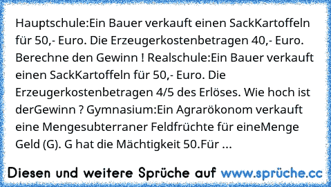 Hauptschule:
Ein Bauer verkauft einen Sack
Kartoffeln für 50,- Euro. Die Erzeugerkosten
betragen 40,- Euro. Berechne den Gewinn ! 
Realschule:
Ein Bauer verkauft einen Sack
Kartoffeln für 50,- Euro. Die Erzeugerkosten
betragen 4/5 des Erlöses. Wie hoch ist der
Gewinn ? 
Gymnasium:
Ein Agrarökonom verkauft eine Menge
subterraner Feldfrüchte für eine
Menge Geld (G). G hat die Mächtigkeit 50.
Für die...