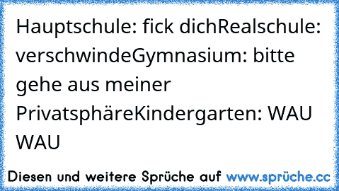 Hauptschule: fick dich
Realschule: verschwinde
Gymnasium: bitte gehe aus meiner Privatsphäre
Kindergarten: WAU WAU