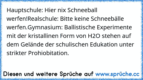 Hauptschule: Hier nix Schneeball werfen!
Realschule: Bitte keine Schneebälle werfen.
Gymnasium: Ballistische Experimente mit der kristallinen Form von H2O stehen auf dem Gelände der schulischen Edukation unter strikter Prohiobitation.