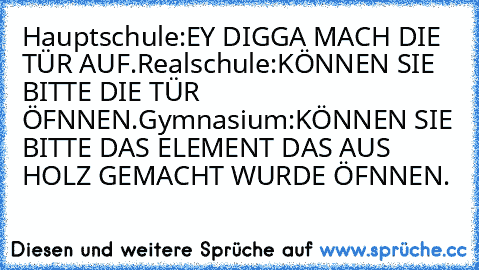 Hauptschule:
EY DIGGA MACH DIE TÜR AUF.
Realschule:
KÖNNEN SIE BITTE DIE TÜR ÖFNNEN.
Gymnasium:
KÖNNEN SIE BITTE DAS ELEMENT DAS AUS HOLZ GEMACHT WURDE ÖFNNEN.