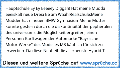 Hauptschule:
Ey Ey Eeeeey Diggah! Hat meine Mudda eeeiskalt neue Dreia Be äm Wääh!
Realschule:
Meine Mudder hat n neuen BMW.
Gymnasium
Meine Mutter konnte gestern durch die diskontinuität der pepheralen des universums die Möglichkeit ergreifen, einen Personen-Karftwagen der Automarke "Bayrische Motor-Werke" des Modelles M3 käuflich für sich zu erwerben. Da diese Neuheit die allerneuste Hybrid-T...