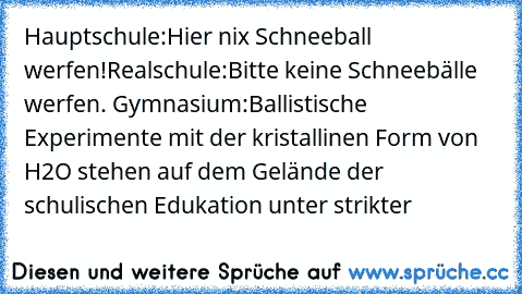 Hauptschule:
Hier nix Schneeball werfen!
Realschule:
Bitte keine Schneebälle werfen. Gymnasium:
Ballistische Experimente mit der kristallinen Form von H2O stehen auf dem Gelände der schulischen Edukation unter strikter