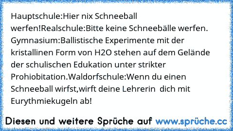 Hauptschule:
Hier nix Schneeball werfen!
Realschule:
Bitte keine Schneebälle werfen. Gymnasium:
Ballistische Experimente mit der kristallinen Form von H2O stehen auf dem Gelände der schulischen Edukation unter strikter Prohiobitation.
Waldorfschule:Wenn du einen Schneeball wirfst,wirft deine Lehrerin  dich mit Eurythmiekugeln ab!