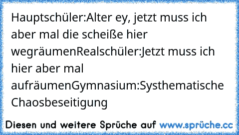 Hauptschüler:
Alter ey, jetzt muss ich aber mal die scheiße hier wegräumen
Realschüler:
Jetzt muss ich hier aber mal aufräumen
Gymnasium:
Systhematische Chaosbeseitigung