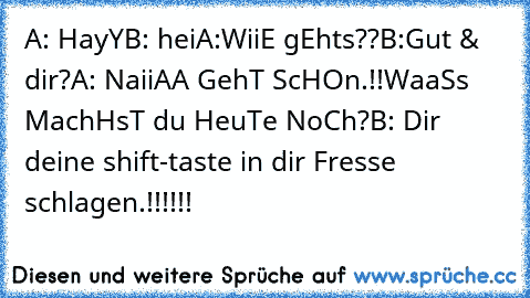 A: HayY
B: hei
A:WiiE gEhts??
B:Gut & dir?
A: NaiiAA GehT ScHOn.!!¨
WaaSs MachHsT du HeuTe NoCh?
B: Dir deine shift-taste in dir Fresse schlagen.!!!!!!