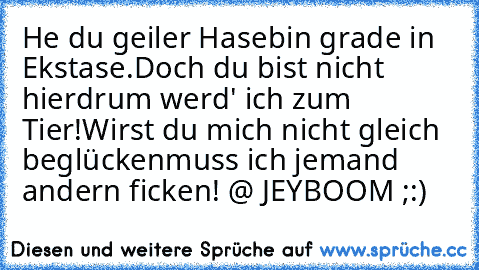 He du geiler Hase
bin grade in Ekstase.
Doch du bist nicht hier
drum werd' ich zum Tier!
Wirst du mich nicht gleich beglücken
muss ich jemand andern ficken! @ JEYBOOM ;:)