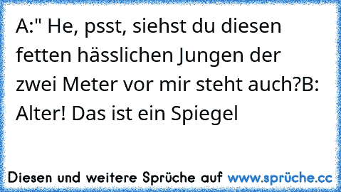 A:" He, psst, siehst du diesen fetten hässlichen Jungen der zwei Meter vor mir steht auch?
B: Alter! Das ist ein Spiegel