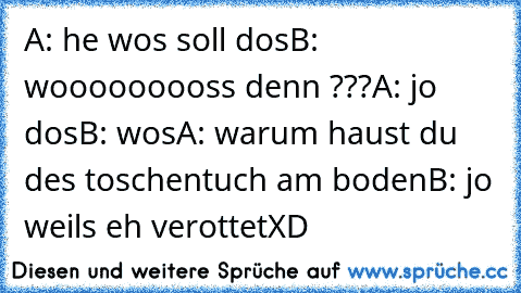 A: he wos soll dos
B: wooooooooss denn ???
A: jo dos
B: wos
A: warum haust du des toschentuch am boden
B: jo weils eh verottet
XD