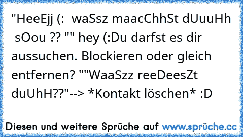 "HeeEjj (:  waSsz maacChhSt dUuuHh  sOou ?? "
" hey (:
Du darfst es dir aussuchen. Blockieren oder gleich entfernen? "
"WaaSzz reeDeesZt duUhH??"
--> *Kontakt löschen* :D