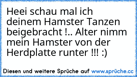 Heei schau mal ich deinem Hamster Tanzen beigebracht !
.. Alter nimm mein Hamster von der Herdplatte runter !!! :)