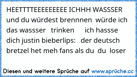 HEETTTTEEEEEEEEE ICHHH WASSSER     und du würdest brennnen  würde ich das wassser   trinken      ich hassse  dich justin bieberli
ps:   der deutsch  bretzel het meh fans als du  du  loser