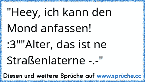 "Heey, ich kann den Mond anfassen! :3"
"Alter, das ist ne Straßenlaterne -.-"