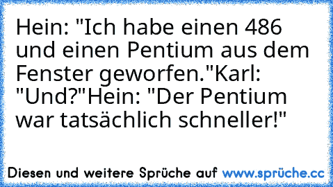 Hein: "Ich habe einen 486 und einen Pentium aus dem Fenster geworfen."
Karl: "Und?"
Hein: "Der Pentium war tatsächlich schneller!"