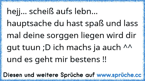 hejj... scheiß aufs lebn... hauptsache du hast spaß und lass mal deine sorggen liegen wird dir gut tuun ;D ich machs ja auch ^^ und es geht mir bestens !!