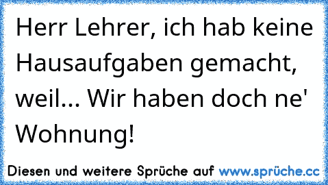 Herr Lehrer, ich hab keine Hausaufgaben gemacht, weil... Wir haben doch ne' Wohnung!