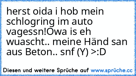 herst oida i hob mein schlogring im auto vagessn!Owa is eh wuascht.. meine Händ san aus Beton.. snf (Y) >:D