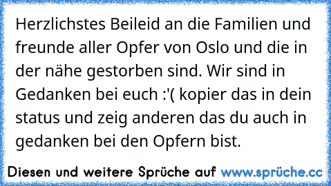 Herzlichstes Beileid an die Familien und freunde aller Opfer von Oslo und die in der nähe gestorben sind. Wir sind in Gedanken bei euch :'( kopier das in dein status und zeig anderen das du auch in gedanken bei den Opfern bist.