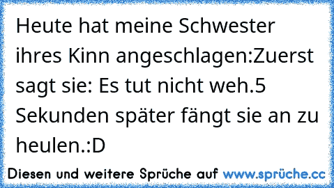 Heute hat meine Schwester ihres Kinn angeschlagen:
Zuerst sagt sie: Es tut nicht weh.
5 Sekunden später fängt sie an zu heulen.
:D