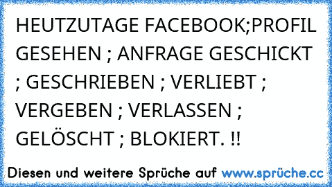 HEUTZUTAGE FACEBOOK;
PROFIL GESEHEN ; ANFRAGE GESCHICKT ; GESCHRIEBEN ; VERLIEBT ; VERGEBEN ; VERLASSEN ; GELÖSCHT ; BLOKIERT. !!