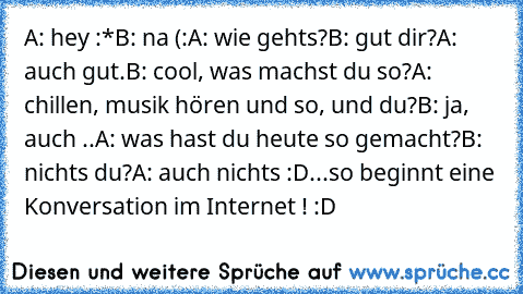 A: hey :*
B: na (:
A: wie gehts?
B: gut dir?
A: auch gut.
B: cool, was machst du so?
A: chillen, musik hören und so, und du?
B: ja, auch ..
A: was hast du heute so gemacht?
B: nichts du?
A: auch nichts :D
...
so beginnt eine Konversation im Internet ! :D