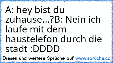 A: hey bist du zuhause...?
B: Nein ich laufe mit dem haustelefon durch die stadt :DDDD