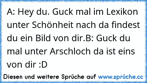 A: Hey du. Guck mal im Lexikon unter Schönheit nach da findest du ein Bild von dir.
B: Guck du mal unter Arschloch da ist eins von dir 
:D