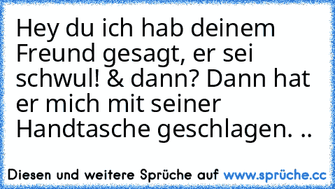 Hey du ich hab deinem Freund gesagt, er sei schwul! & dann? Dann hat er mich mit seiner Handtasche geschlagen. ..