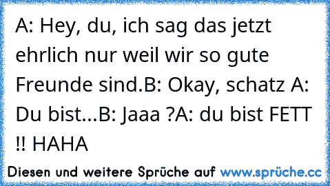 A: Hey, du, ich sag das jetzt ehrlich nur weil wir so gute Freunde sind.
B: Okay, schatz ♥
A: Du bist...
B: Jaaa ?
A: du bist FETT !! HAHA