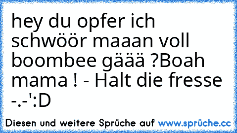 hey du opfer ich schwöör maaan voll boombee gäää ?
Boah mama ! - Halt die fresse -.-'
:D