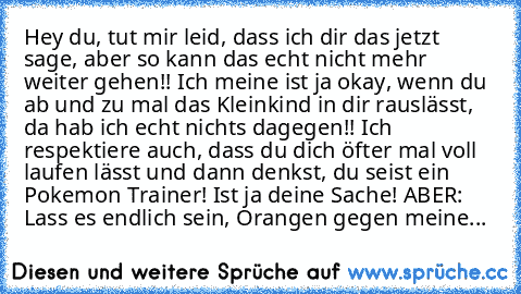 Hey du,
 tut mir leid, dass ich dir das jetzt sage,
 aber so kann das echt nicht mehr weiter
 gehen!!
 Ich meine ist ja okay, wenn du ab und zu mal
 das Kleinkind in dir rauslässt, da hab ich
 echt nichts dagegen!!
 Ich respektiere auch, dass du dich öfter mal
 voll laufen lässt und dann denkst, du seist
 ein Pokemon Trainer! Ist ja deine Sache!
 ABER: Lass es endlich sein, Orangen gegen
 meine Ha...